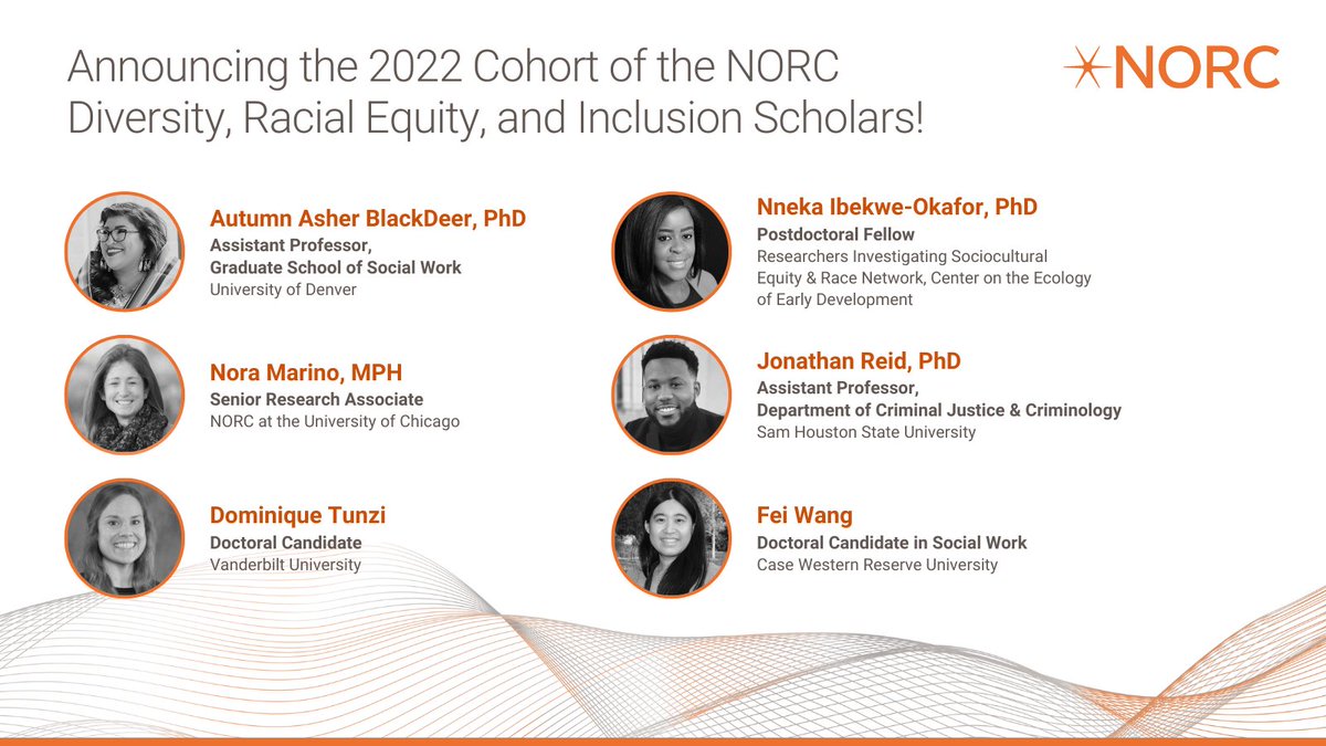 Ck out our 2022 cohort of NORC DREI Research Scholars! When I came to NORC 4 yrs ago, I proposed the bold idea to create a Diversity, Racial Equity and Inclusion Scholars program.  So proud of the work with my NORC colleagues to make this dream come true!  bit.ly/3QZfYYB