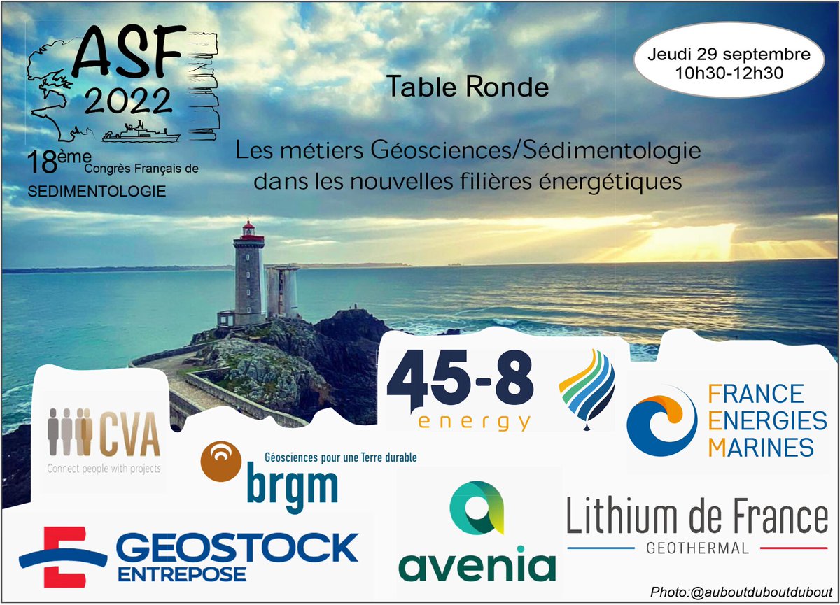 ASF_Brest's tweet photo. Dans le cadre du congrès de l'ASF 2022 et de la @SeaTechWeek, nous avons le plaisir d'organiser une table ronde autour des nouveaux métiers dans les Géosciences! 
Étudiants: cette table ronde est pour vous, venez poser vos❓aux professionnels des nouvelles filières énergétiques! https://t.co/0w3bO3qmf3
