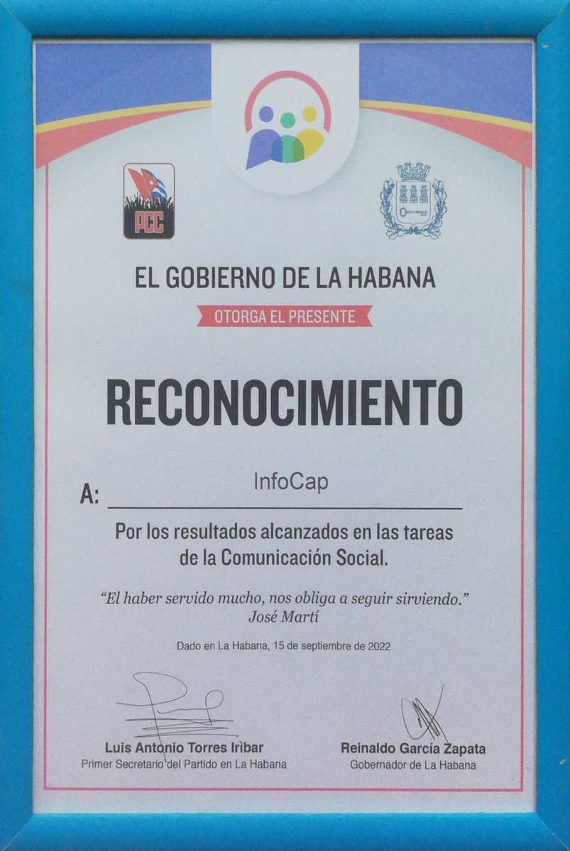 infocaphabana's tweet photo. En el marco del Primer Taller Provincial de Comunicación Social #LaHabana 2022 el #GobiernoHabana confirió a @infocaphabana merecido reconocimiento por resultados alcanzados en tareas relacionadas con esta actividad. Vea más detalles 👉https://t.co/Sr32hsPJHX #PoderPopular #Cuba https://t.co/K1EEhbc2n0