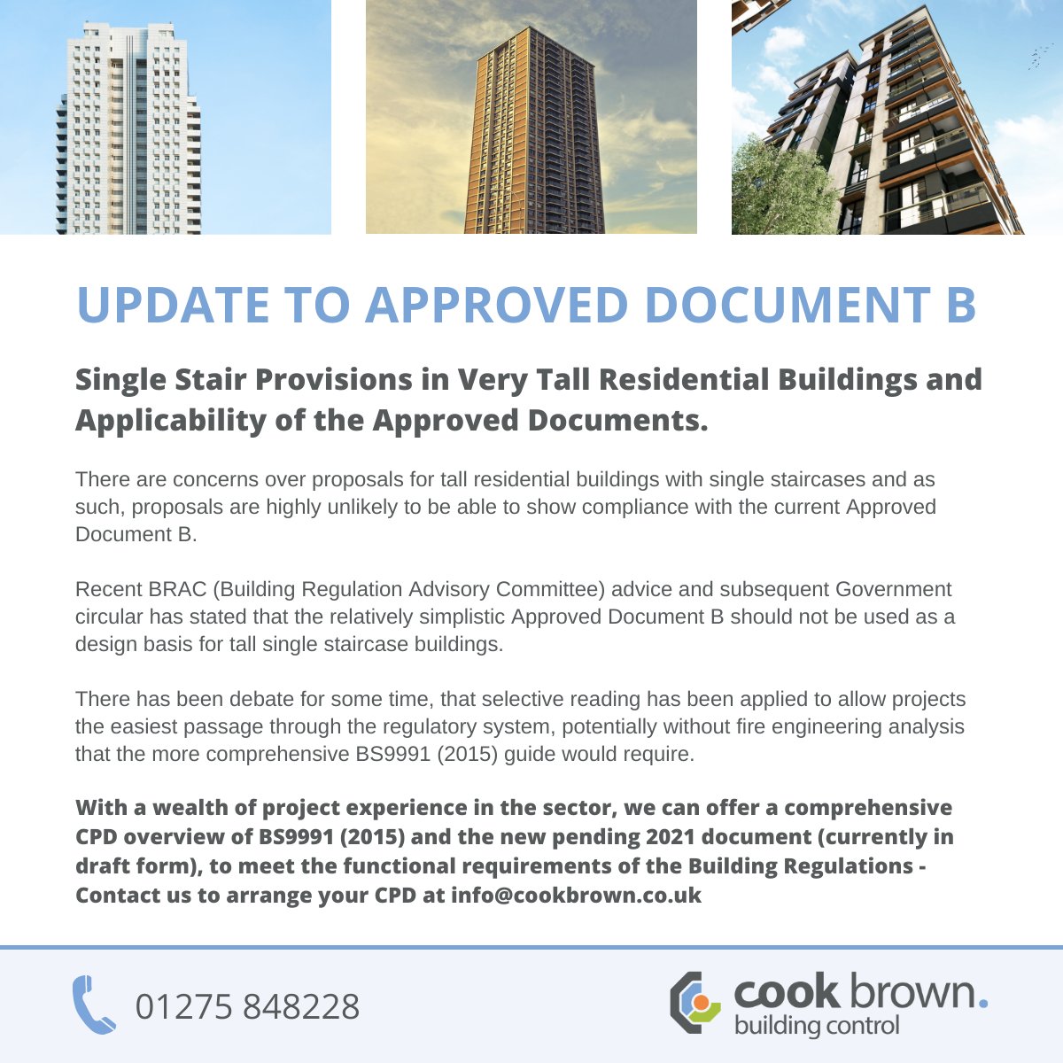 We would like to share with you the latest update to Approved Document B - Single Stair Provisions in Very Tall Residential Buildings and Applicability of the Approved Documents.

#ApprovedDocumentB #CookBrown #BuildingControl #BuildingRegulations