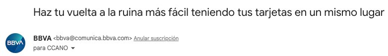 ccanoluque's tweet photo. “Haz tu vuelta a la ruina más fácil teniendo tus tarjetas en un mismo luegar” @bbva gracias por la sinceridad de vuestro mailing 👏🏼😂 #bancaelectronica #inflacion #marketing https://t.co/qeW1jBp9Pt