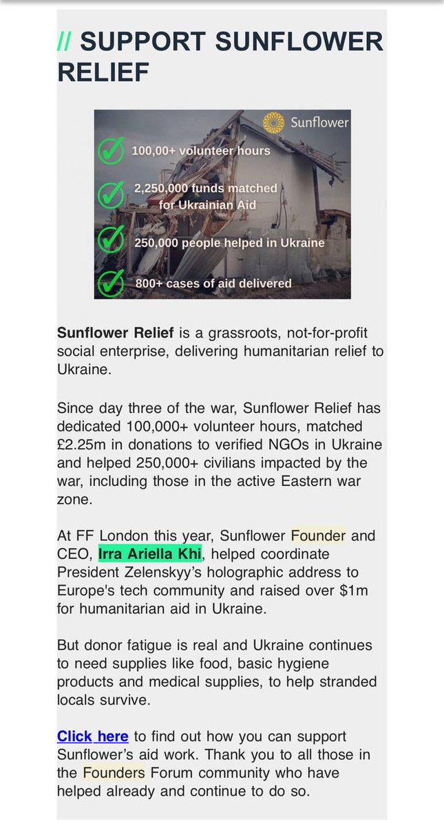 SunflowerRelief's tweet photo. Our team and our founder, Irra Ariella Khi, featured in the Founders Forum newsletter 🙌
With donor fatigue increasing, we need all the help we can get. Luckily, Sunflower Relief has many friends ☺️
Thank you for supporting us - we won't stop until it is finished🌻
Read the featu https://t.co/ZA9yjSaVne