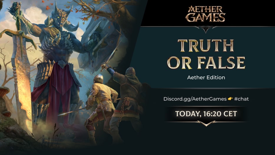 AetherGamesInc's tweet photo. ✅Truth or False: Aether Edition❌

🧙‍♂️Join us today to test your knowledge or perhaps learn something on the ever expanding Aether Universe 

💰Win Coins for correct responses!

⏰Starts 16:20 CET Today at https://t.co/jTLbKsnaQc

#AetherGames #GameFi #CardsOfEthernity #Crypto https://t.co/Dlk5L59DJC