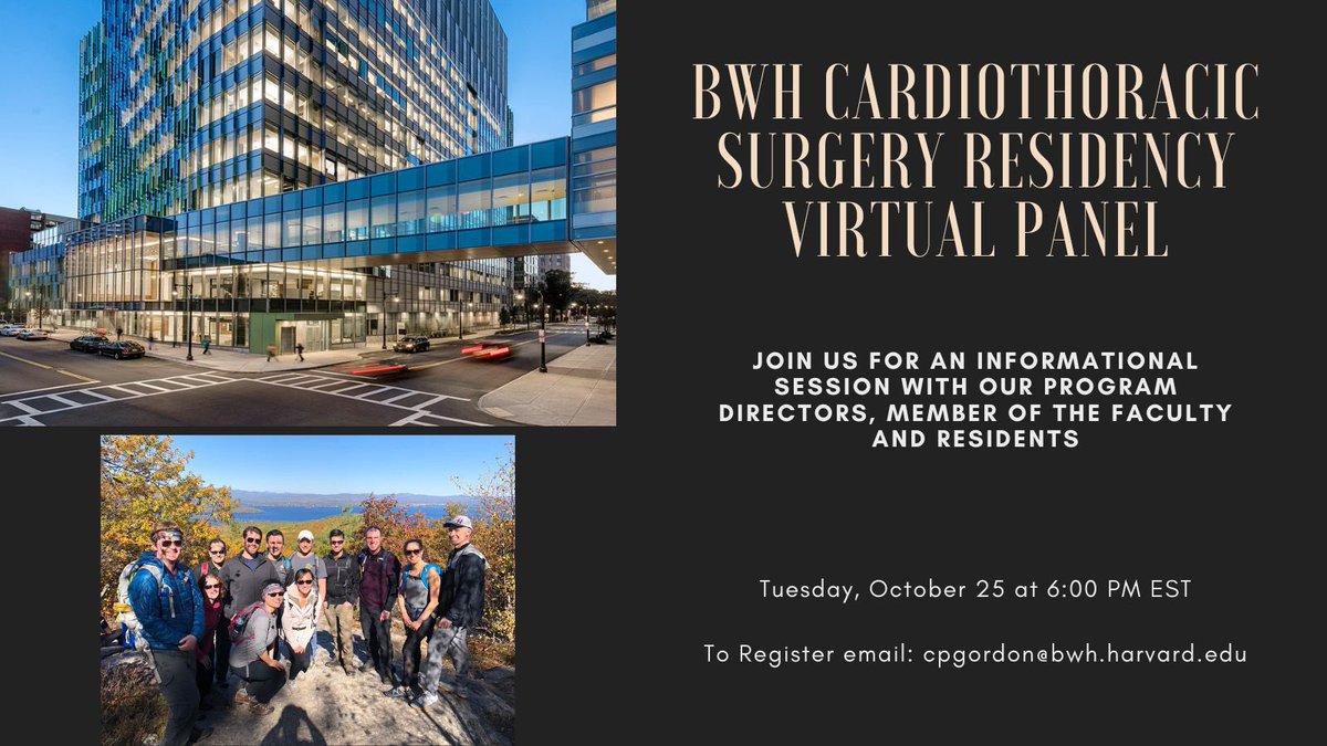 BrighamThoracic's tweet photo. Join our faculty, residents, and staff for our upcoming virtual Open House and learn about our amazing programs! We can’t wait to meet you all and answer all your questions about #thoracic 🫁 and #cardiac 🫀surgery.
#BeBrighamTrained #BWHCTSurgery https://t.co/p4BXW8pj6Z
