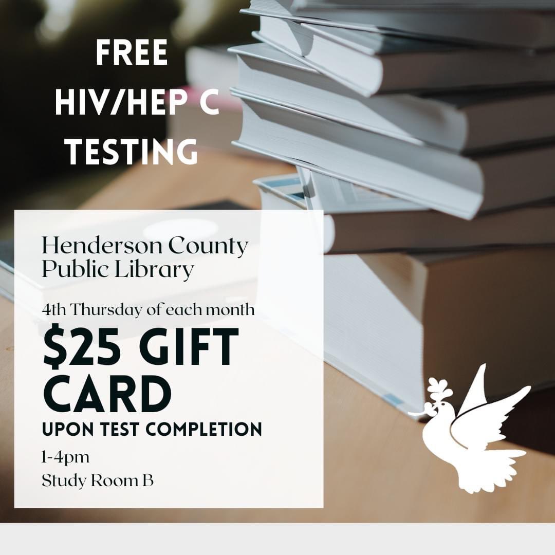 matthew25aids's tweet photo. Could you use an extra $25 TODAY?  Stop by the Henderson County Public Library from 1-4pm to receive a FREE HIV/Hep C test &amp; receive a $25 gift card.  It really is that easy.  We encourage you to know your status!  
#knowyourstatus #hcpl #HIVTesting #Free  #hivawareness https://t.co/Cd1dwWLH1x