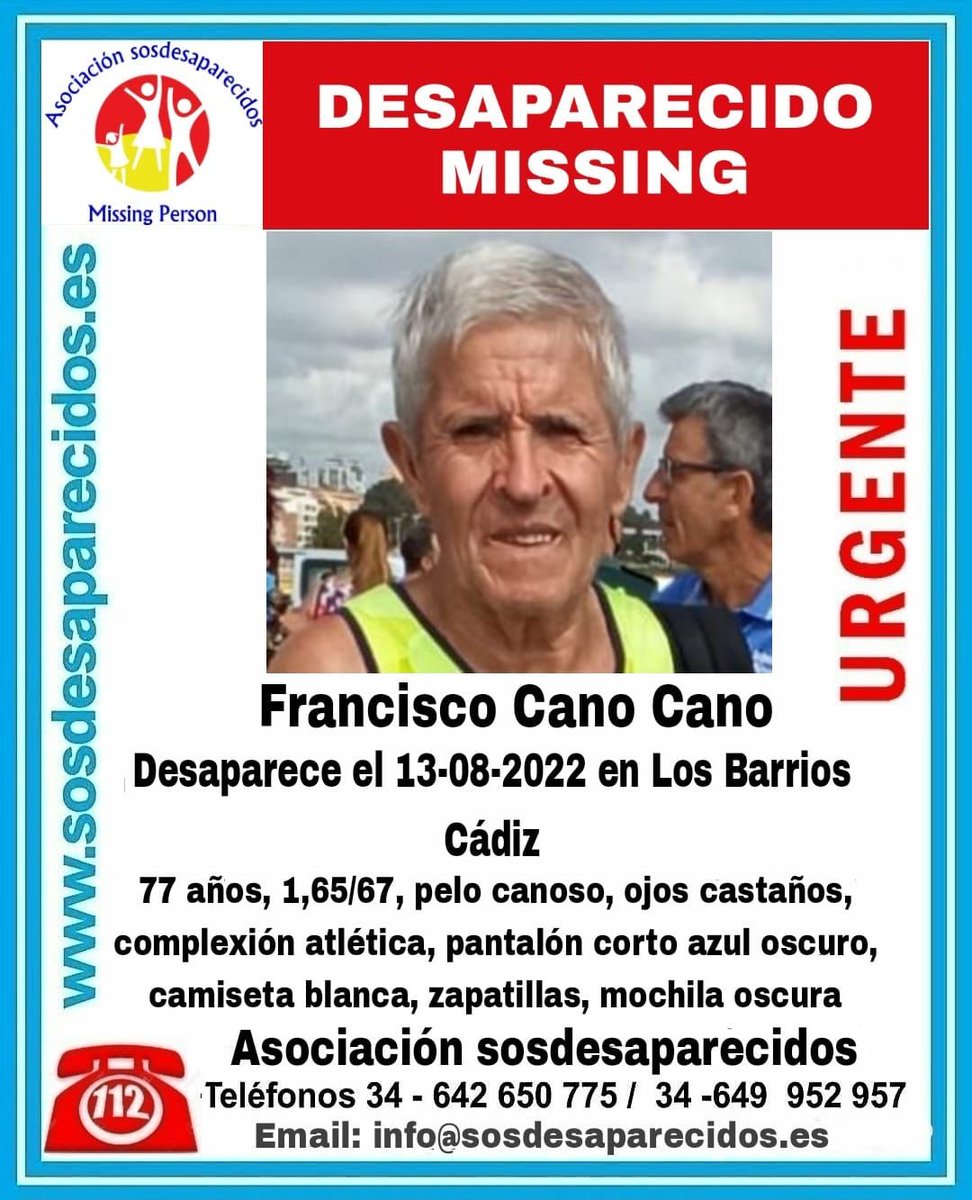 🚨URGENTE 🚨

Uno de los nuestros ha desaparecido. 

Se busca a ➡️ Francisco Cano, atleta master.

Desapareció en Los Barrios (Cádiz) el 13/08/2022.

🔁 ¿Nos ayudáis con un RT? 🔁