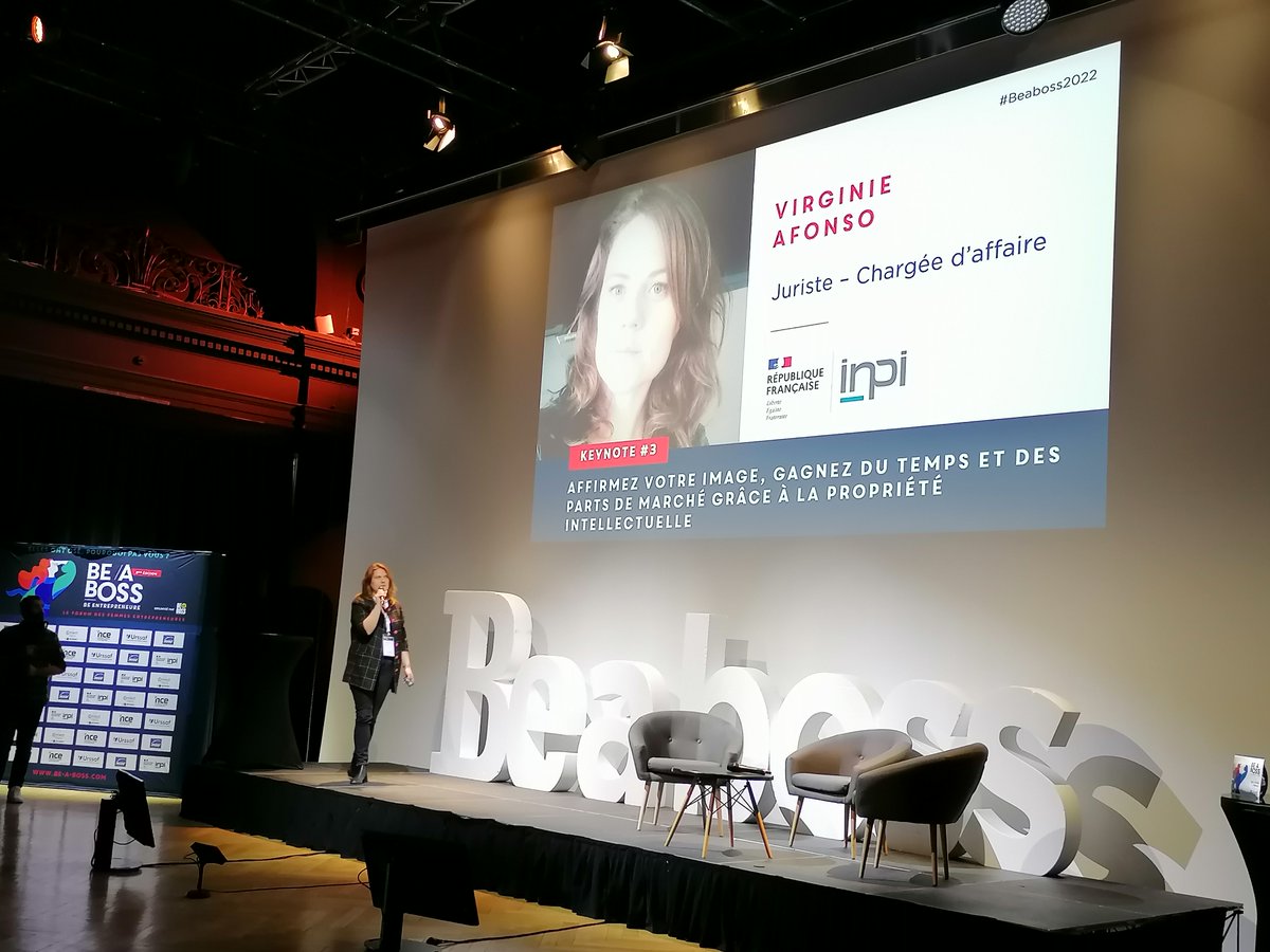 Au tour de @VirginieAfonso, Juriste – Chargée d’affaires de <a href="/INPIFrance/">INPI France</a>, de s’exprimer sur la thématique : 

Affirmez votre image, gagnez du temps et des parts de marché grâce à la propriété intellectuelle.

 <a href="/Beaboss_mag/">Be a Boss</a>