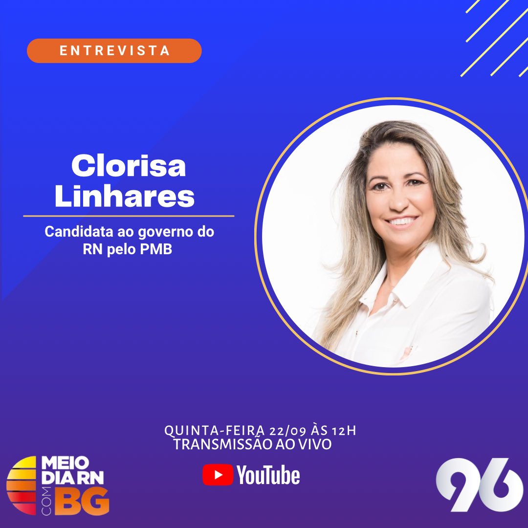 Entrevista de hoje será o Candidata ao governo do RN, Clorisa Linhares - PMB. 

▶️ Participe do programa através do WhatsApp do Meio-Dia RN: +55 84 99212-2276. 

Acompanhe o Meio-Dia RN no canal da 96 FM no YouTube ▶️ youtube.com/96fmnatal