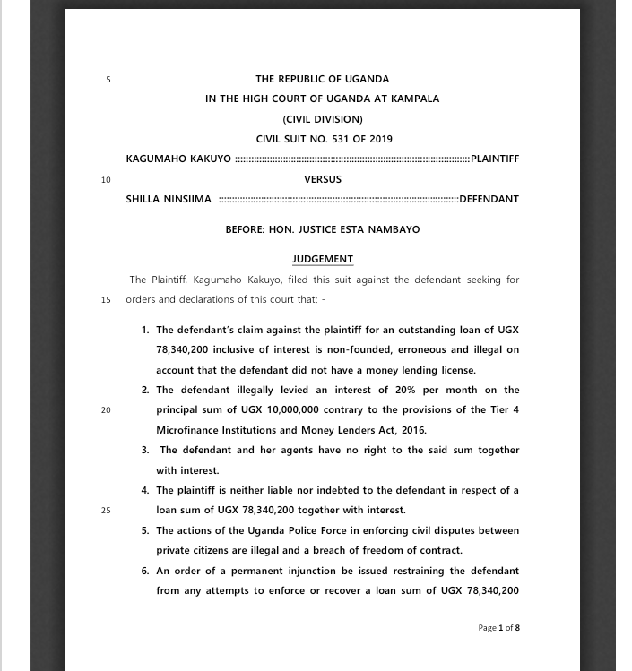 wakoko_ronald's tweet photo. #LegalAlert
For those venturing in purported money lending businesses,The High Court has ruled( while citing earlier decisions) that it illegal to charge interest on money lent when you're not in possession of a money lenders licence.@BaziraAnthony1 on this one. https://t.co/2NFLi5ELm8