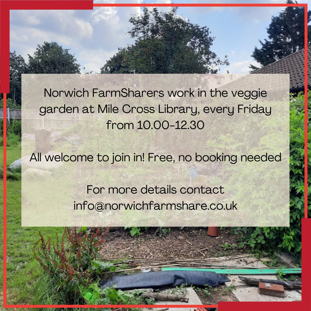 Norwich FarmShare is a not-for-profit cooperative, that aims to reconnect people with nature, share good food, and learn together.

Join <a href="/Farm_Share/">Norwich FarmShare</a> every Friday in the veg patch at <a href="/LibraryMile/">Mile Cross Library</a> from 10-12.30. All welcome, no booking needed, just turn up and garden!