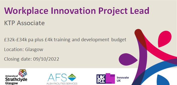 #Recruiting! Fantastic opportunity! We are looking for a Workplace Innovation Project Lead #KTP Associate to work on a 24 month project with <a href="/Alba_Facilities/">Alba FS</a> and <a href="/UniStrathclyde/">University of Strathclyde</a> . This position will be based in Glasgow. More info: ktpws.org.uk/Default.aspx?t…