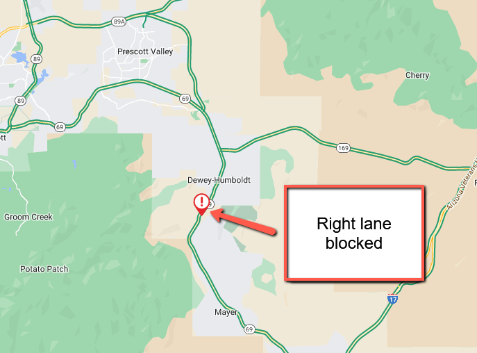 ArizonaDOT's tweet photo. State Route 69 northbound at milepost 277 south of Dewey-Humboldt: A crash is blocking the right lane.
#SR69 #aztraffic https://t.co/9OSoraCc3p