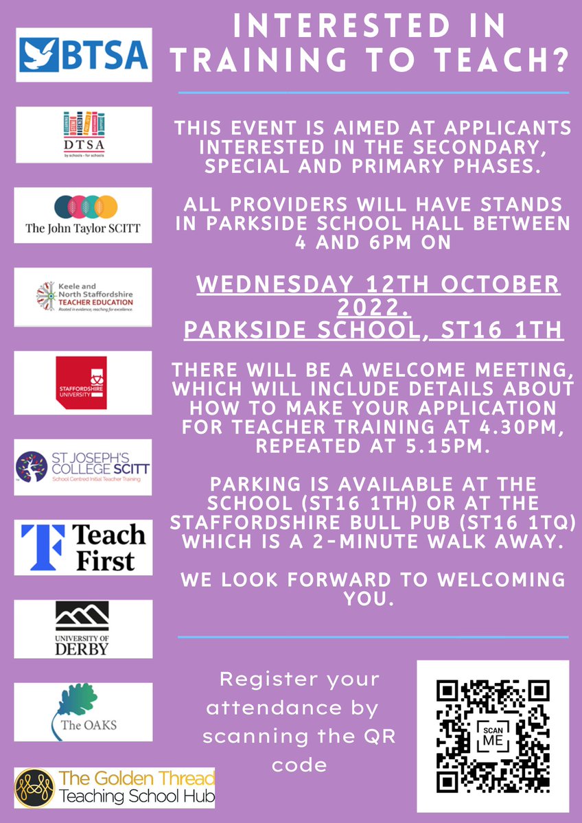 Are you interested in meeting local providers to discuss training to teach? 

Come and meet us on Wednesday 12th October 2022 to find out more about applying for teacher training.

Register your place today by scanning the QR code or visiting forms.office.com/r/jUhK03qtFh
