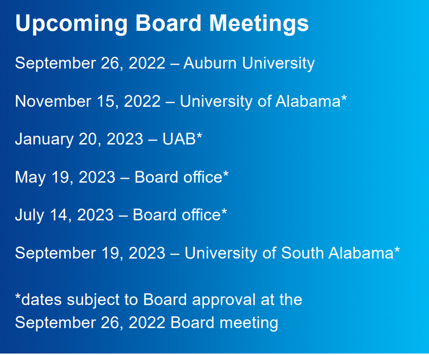 **Update to ASBPA's Annual FY22 Operating Calendar - The Board meeting scheduled for Monday, September 26th will be held at Auburn University at 10am.**