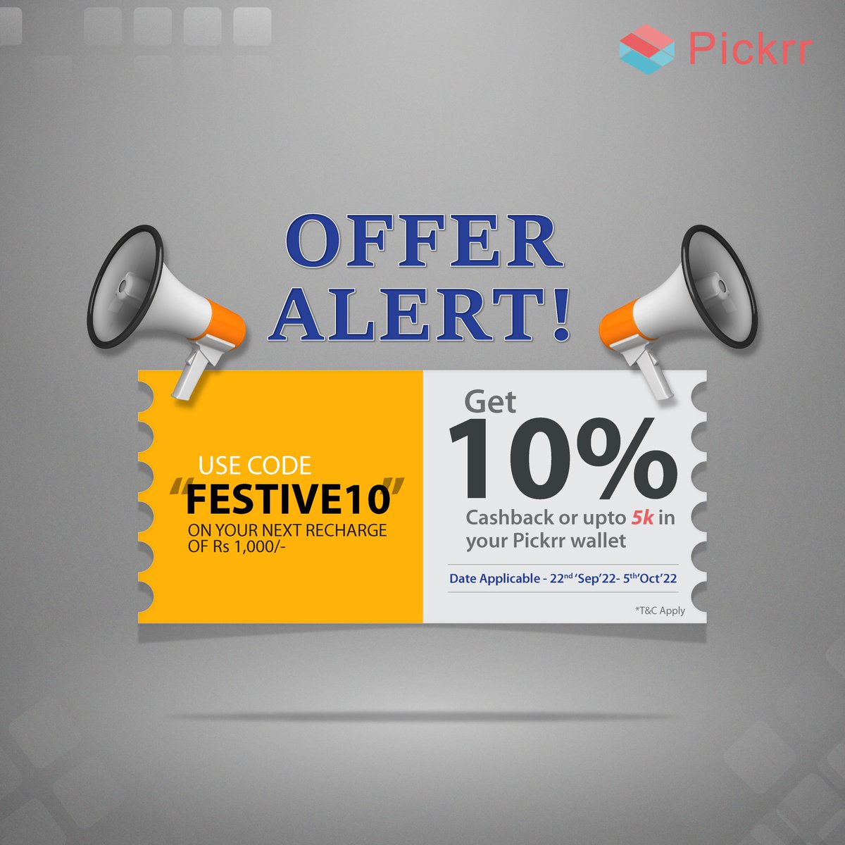 FESTIVE OFFER ALERT 
Hogi is festive season ki suruvaat Pickrr ke Dhamakedar offers ke saath.   
Hurry! Click on the link to avail this offer. bit.ly/3S44LaH

#pickrr #offer #festive #cashback #dhamaka #dhamakaoffer