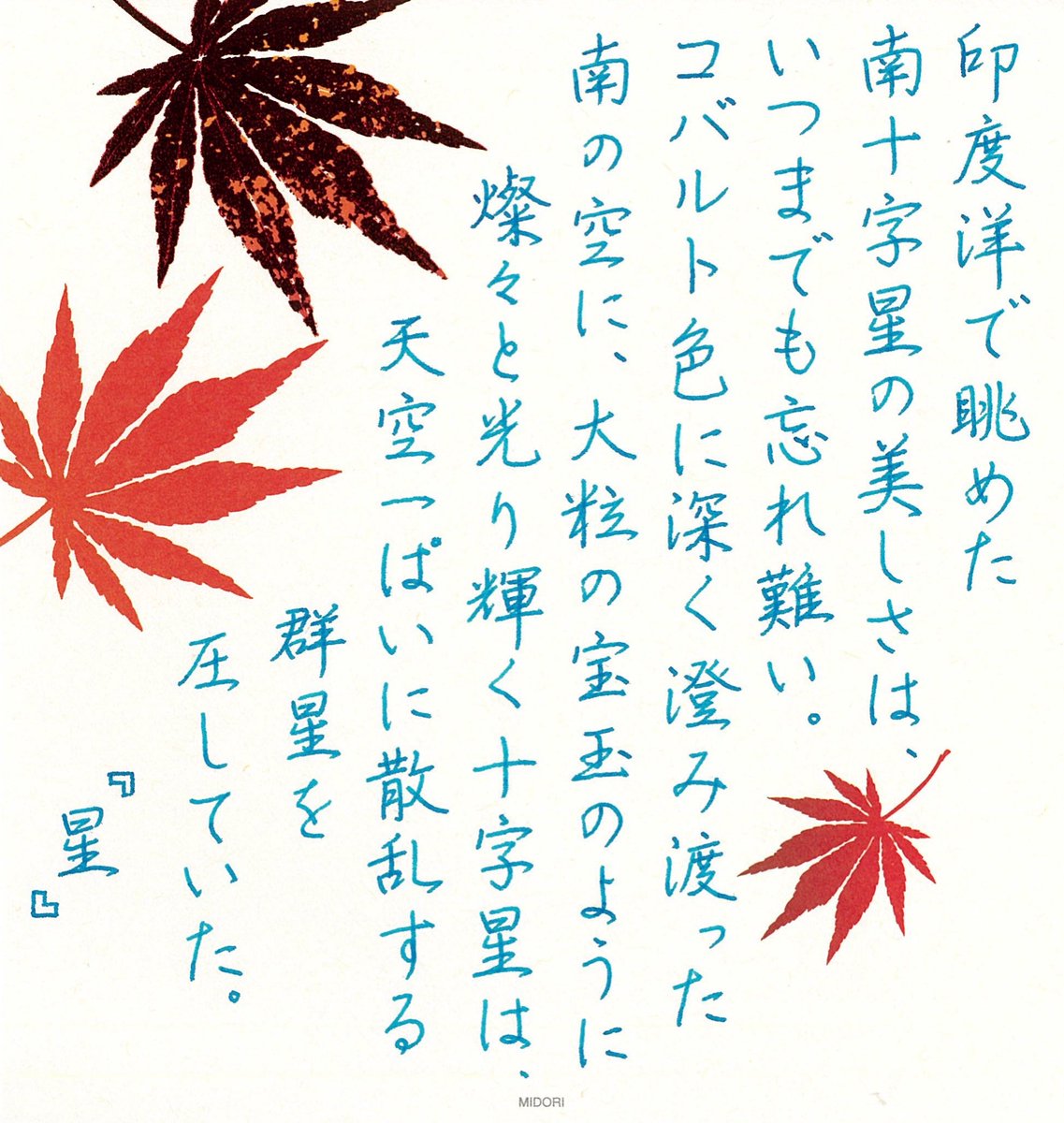 Lapisblau31's tweet photo. #旅する書写
第169回　『星』岡本かの子

インク： ペリ���ン ターコイズ
紙： MIDORI 紙シリーズ 便箋 箔 もみじ柄 赤

#紙シリーズ #MIDORI #インク沼 https://t.co/0wWDnWFc4Q