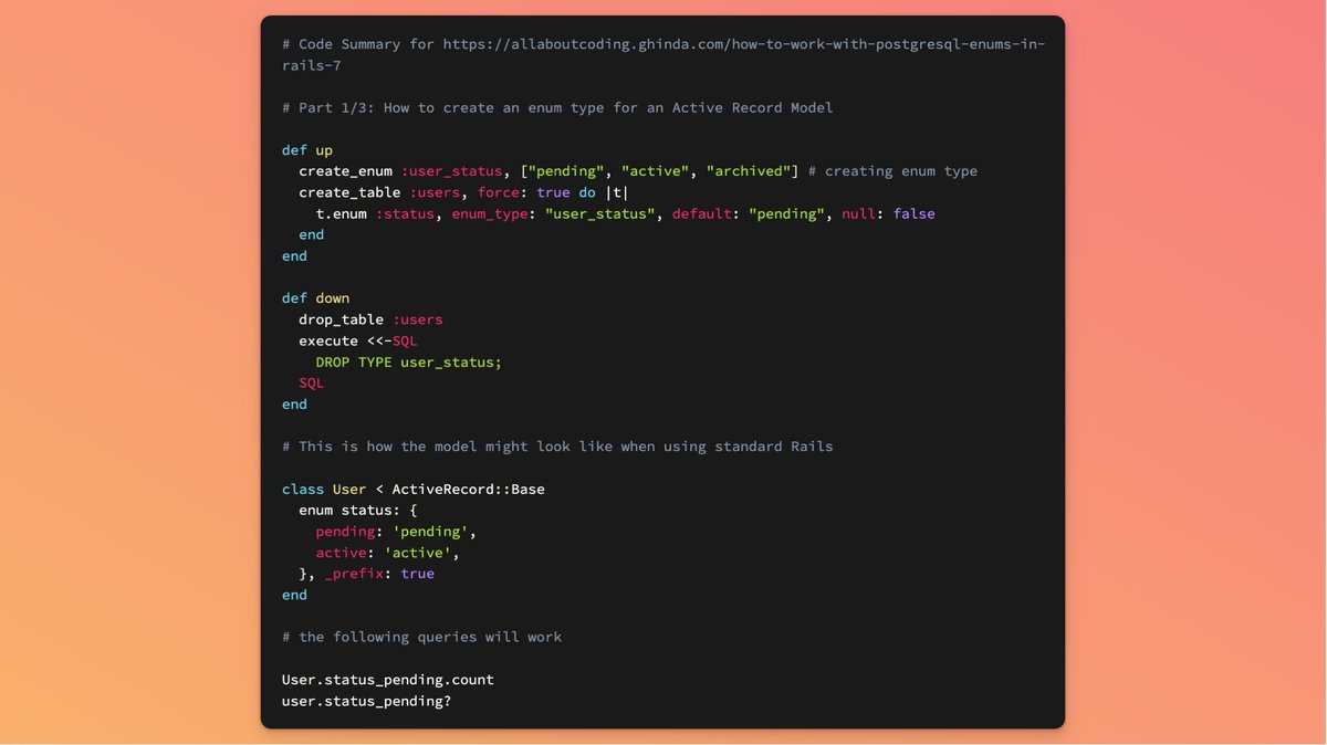 shortrubynews's tweet photo. #codesummary #code #summary #ruby #rails #rails7
This is a code summary for https://t.co/fYsa6swEd9 by @lucianghinda
Part 1/3: How to create an enum type for an Active Record Model https://t.co/NakF6pk3LQ