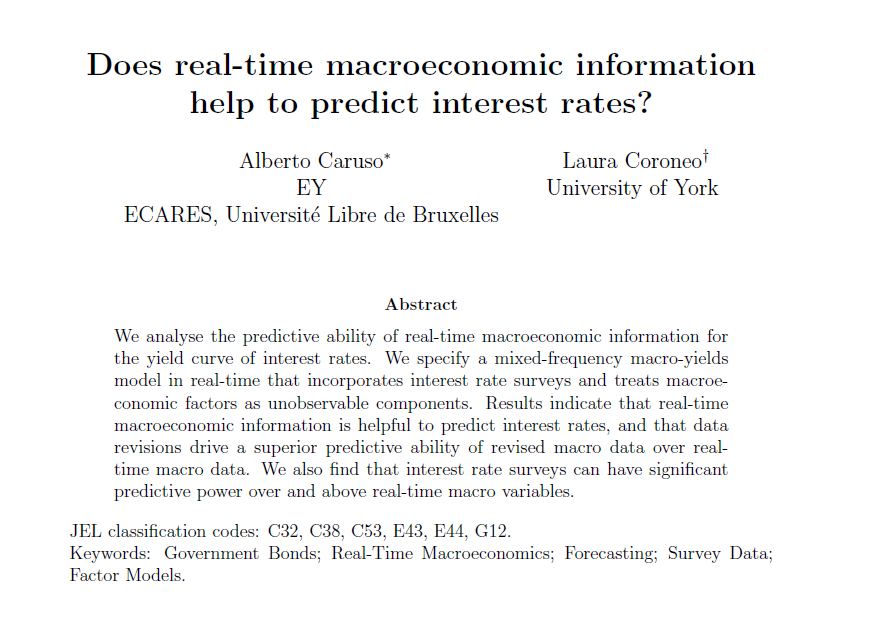 LCoroneo's tweet photo. Does real-time macroeconomic information help to predict interest rates?

Short answer: YES!

See my paper with @AlbertoCaruso11, just accepted at the 𝐉𝐨𝐮𝐫𝐧𝐚𝐥 𝐨𝐟 𝐌𝐨𝐧𝐞𝐲, 𝐂𝐫𝐞𝐝𝐢𝐭 𝐚𝐧𝐝 𝐁𝐚𝐧𝐤𝐢𝐧𝐠

More details 🧵

#EconTwitter #forecasting #interestrates https://t.co/qr7J9y67GT