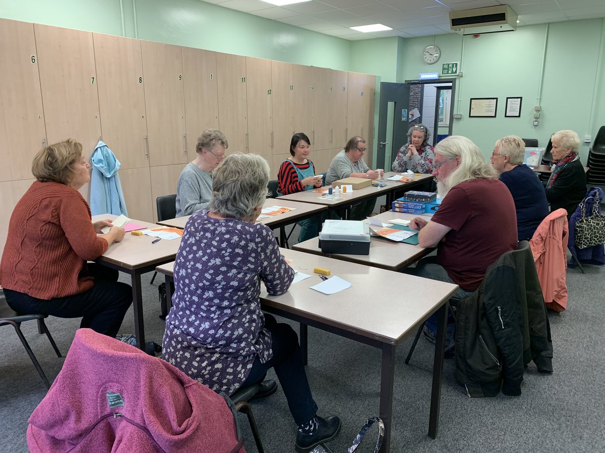 CreativeCallig's tweet photo. Our second week of #bookbinding with @yvettejaa and my Thursday group managed (eventually - it’s tricky) to get to grips with coptic stitch to put the signatures (pages) we made last week together. https://t.co/mnGdnVWu4c