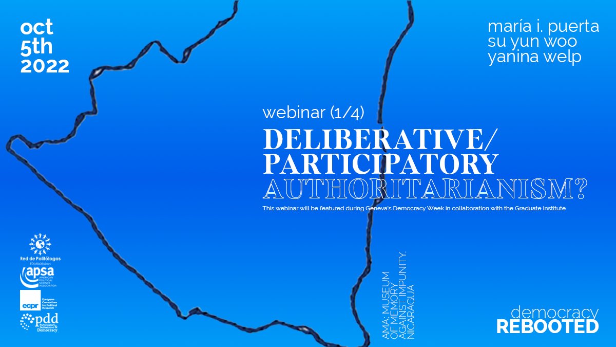 Nicole Curato (@nicolecurato) on Twitter photo The first episode examines how authoritarian regimes deploy citizen participation as tools for legitimation. Chaired by no other than <a href="/Welpita/">Yanina Welp</a>, featuring <a href="/su_yun_woo/">Su</a> and <a href="/Maripuerta/">🌻Maria I. Puerta Riera</a>.
Register here: uni-potsdam.zoom.us/meeting/regist… The first episode examines how authoritarian regimes deploy citizen participation as tools for legitimation. Chaired by no other than <a href="/Welpita/">Yanina Welp</a>, featuring <a href="/su_yun_woo/">Su</a> and <a href="/Maripuerta/">🌻Maria I. Puerta Riera</a>.
Register here: uni-potsdam.zoom.us/meeting/regist…