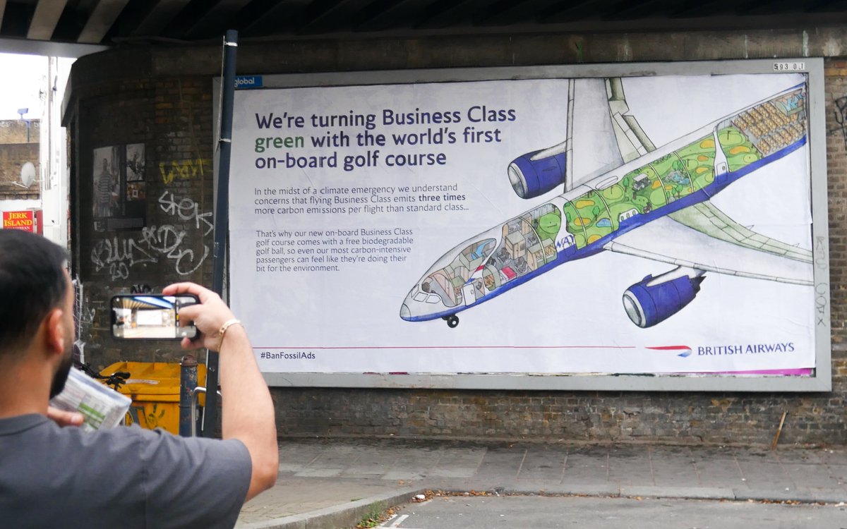 "Turning Business Class green... with the world's first onboard golf course".

Love this #britishairways sub from <a href="/darren_cullen/">Spelling Mistakes Cost Lives</a> as part of <a href="/badvertising11/">badvertising @badvertising.bsky.social</a>'s new campaign to #BanFossilAds. Take action: action.wearepossible.org/page/71823/act…
