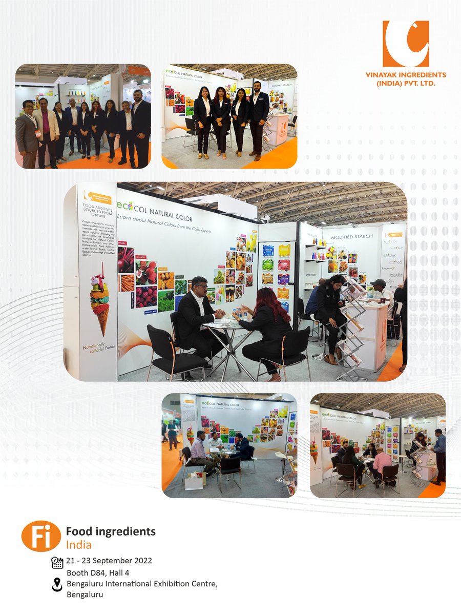 A sneak peek of our day two at Fi India & Hi!

​​Find our​ ​Vinayak Food Ingredients team during the next couple of days at the Bengaluru International Exhibition Centre and learn more.​
#Vinayakcorporation #Vinayakingredients #NaturalFoodColors #ModifiedStarch #Manufacturer