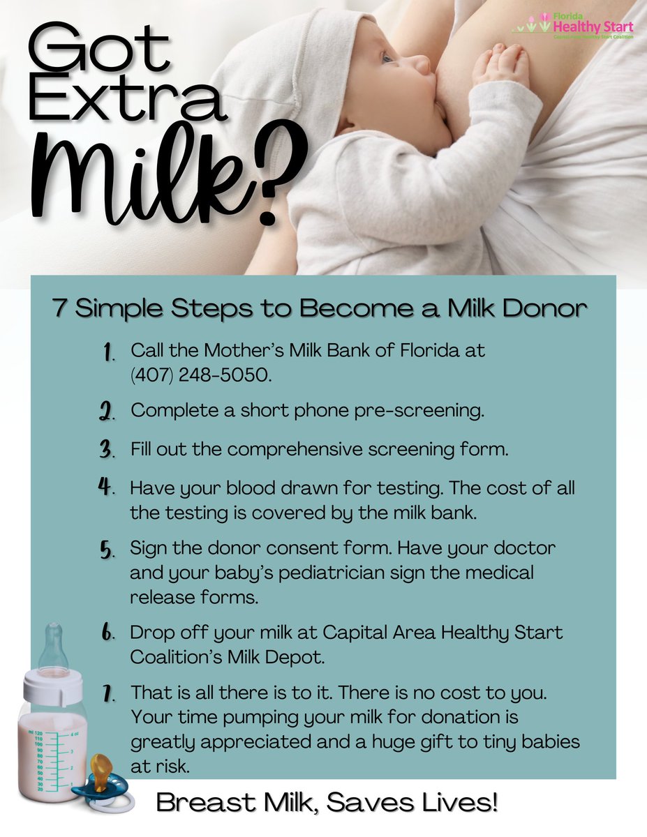 CAHealthyStart's tweet photo. Capital Area Healthy Start Coalition has partnered with the Mothers’ Milk Bank of Florida to become a milk donation site in Leon County. Learn how to become a donor, and learn more about this life-giving program.  https://t.co/slH7yhtcHR https://t.co/r5yf83ovDm