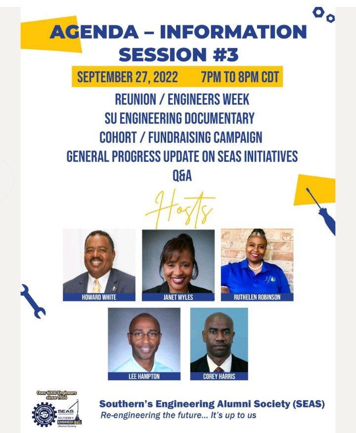 Efforts underway by Southern Univ Engineering Alumni Society (SEAS) to enhance SU engineering. All past SU engineering graduates invited to important online meeting Tues Sept 27th 7pm Central.  
Signup:
us06web.zoom.us/meeting/regist…

#SEAS #SouthernUniversity #STEM #Engineering #NSBE