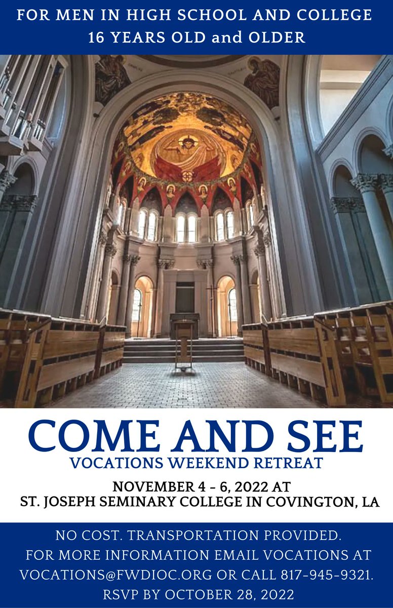 November 4 – 6, 2022, our Vocations Office will host a weekend visit to St. Joseph Seminary College where participants will get to meet seminarians in formation, ask questions, and spend time in prayer. More details at fwdioc.org/public-calenda… 

<a href="/jp2denton/">UNTWU Catholics</a> <a href="/UCCatUTA/">U(niversity) C(atholic) C(ommunity)</a> <a href="/NolanCatholic/">Nolan Catholic High School</a>
