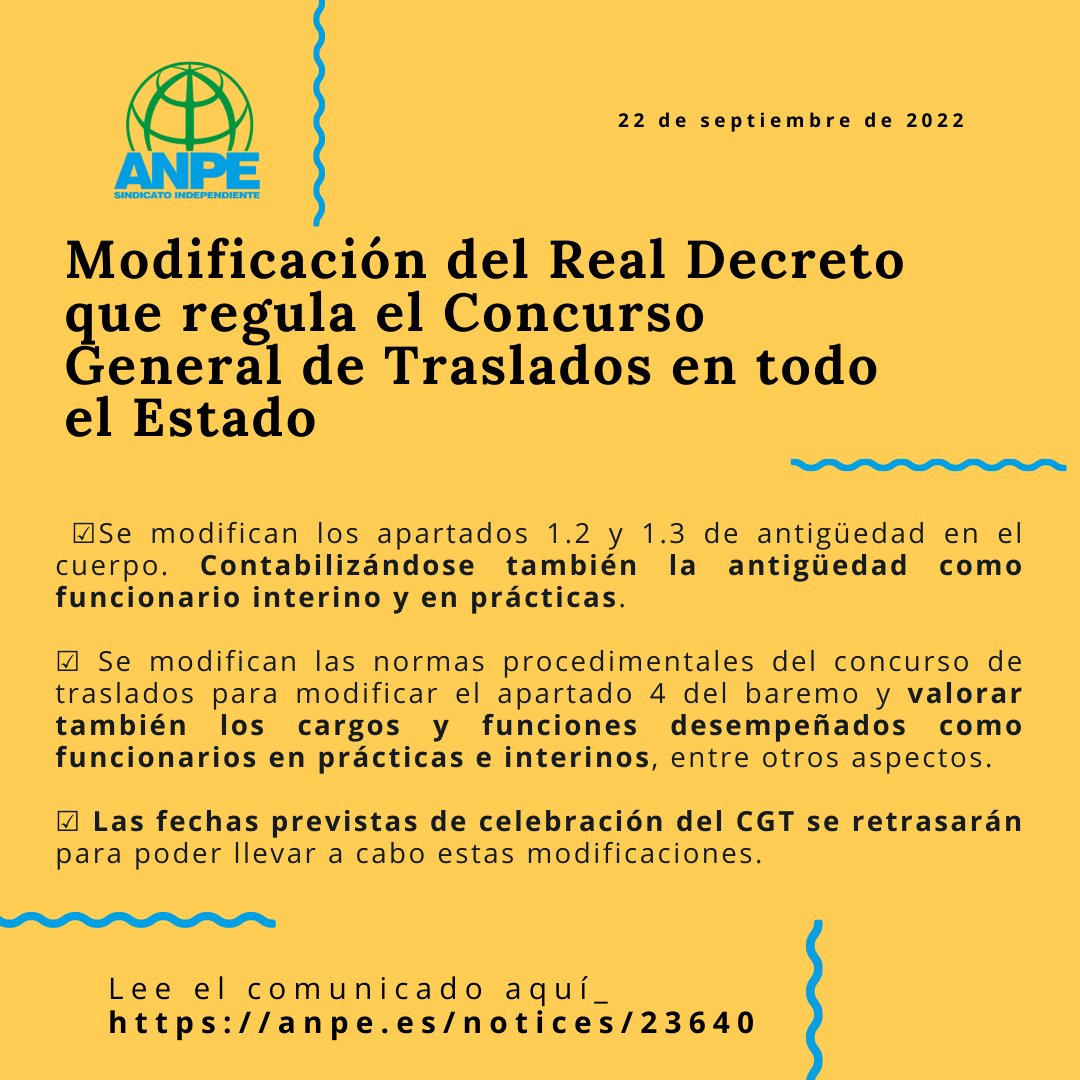 anpenacional's tweet photo. 📣Además de estos cambios, ANPE ha exigido al Ministerio:
‼️Garantía jurídica para la próxima convocatoria del CGT y que una reforma global del baremo del CGT y así evitar la disparidad de criterios entre CCAA.

Más info en : https://t.co/SCcb2WmAv3
#anpecontigo https://t.co/SwGSs1eK7I