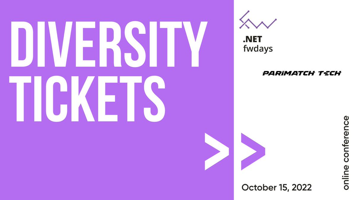 We are pleased to announce that we have Diversity tickets for the  #dotnetfwdays '22 conference 😍

Thanks to our Gold partner @ParimatchTech, 10 participants will take part in the conference absolutely for FREE 🙌

Fill out the form by October 5 👉 bit.ly/3UukGRe