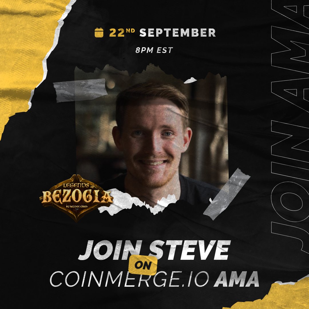 Calling all Bezogians 📢

Join us today at 8:00 PM EST as our Founder &amp; CEO <a href="/sdmurray/">Steve Murray</a> talks about everything Bezoge Earth, Legends of Bezogia and the future with Zogi Labs on the upcoming Coinmerge.io AMA!

Set a reminder now for this AMA ➡️
x.com/i/spaces/1dRKZ…