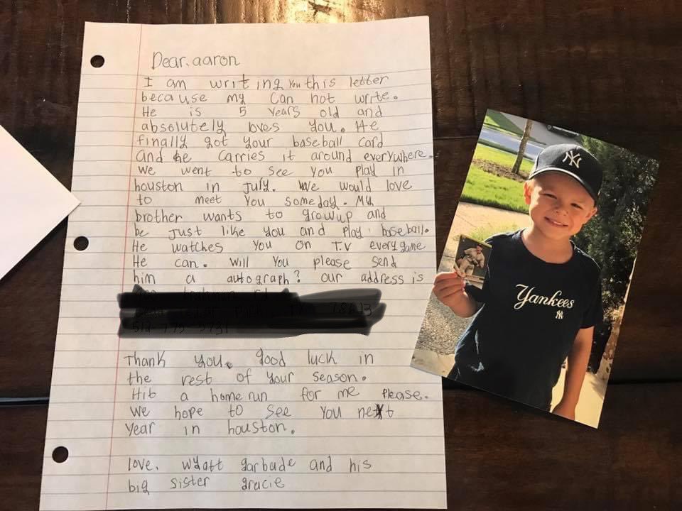 MelissaGarbade's tweet photo. Wyatt has looked up to @TheJudge44 since his @Yankees debut.Writing a letter when he was 5,the excitement of getting his 1st baseball card,dressing as him for Halloween & a dream meeting him twice!Watching his historic season has been incredible!Thank you Aaron @AllRiseOfficial https://t.co/FYSF93vBje