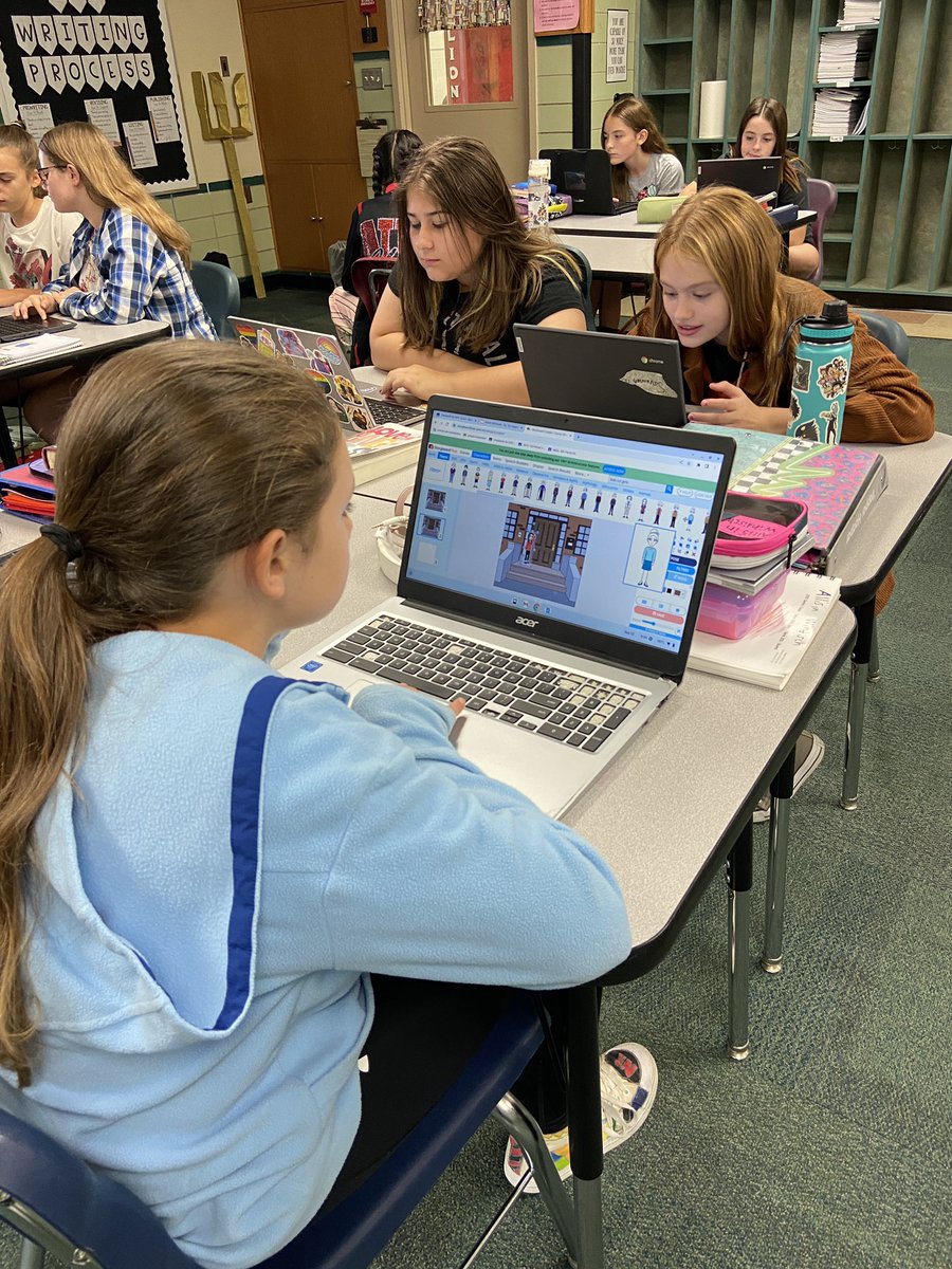 MrsMcCarty_NRMS's tweet photo. Students using an awesome digital resource @StoryboardThat to create their own comic strips after analyzing @calvinandhobbes comics! I love seeing kids engaged in learning! #WeAreNR @NREVSD #CalvinandHobbes #education https://t.co/jlHnnqpZJM