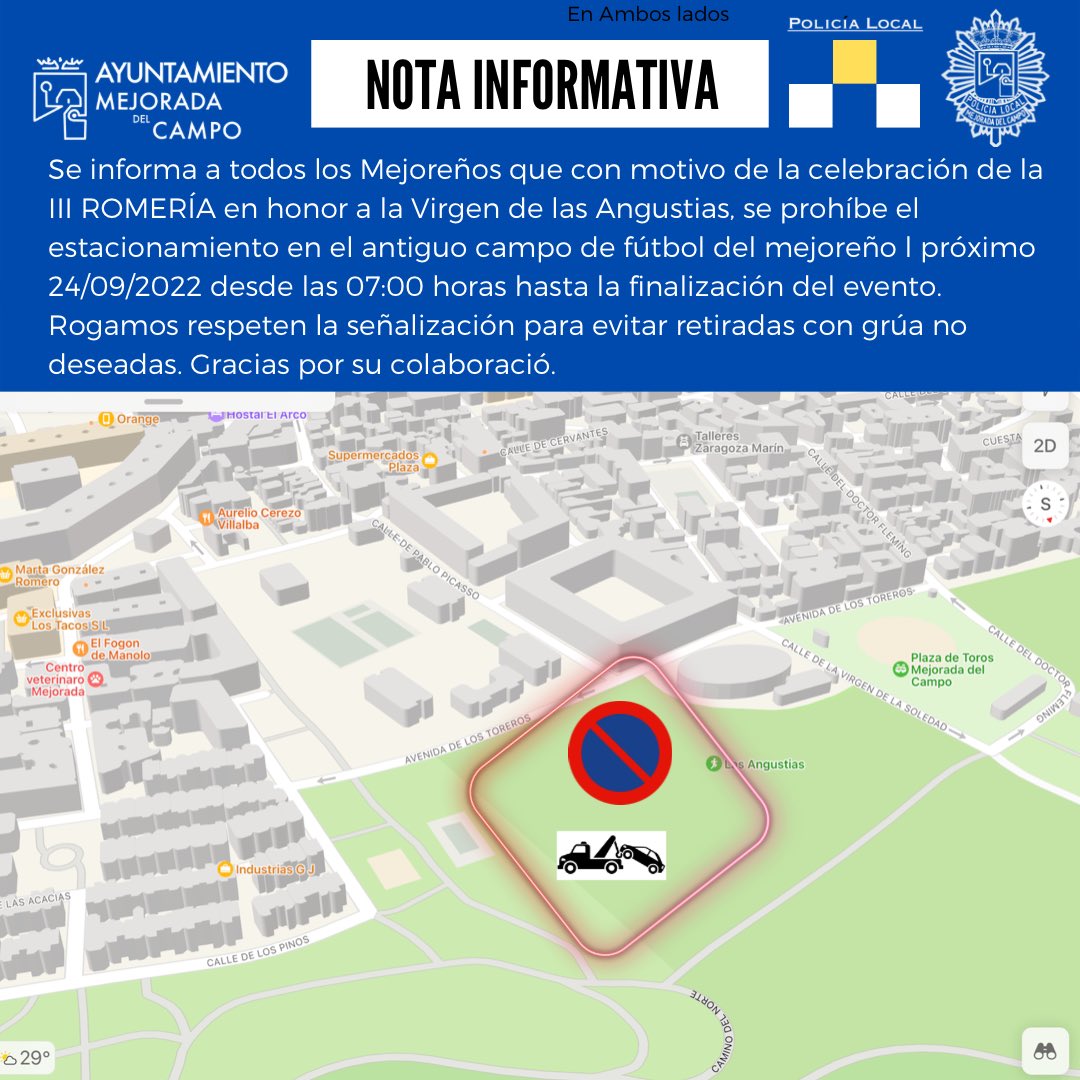Este sábado 24 de septiembre se celebra la III Romería en honor a la Virgen de las Angustias Con motivo de esta celebración, se prohíbe estacionar en el solar del antiguo campo del Mejoreño el día  24/09/2022, desde las 07:00 h. de la mañana hasta la finalización del evento.