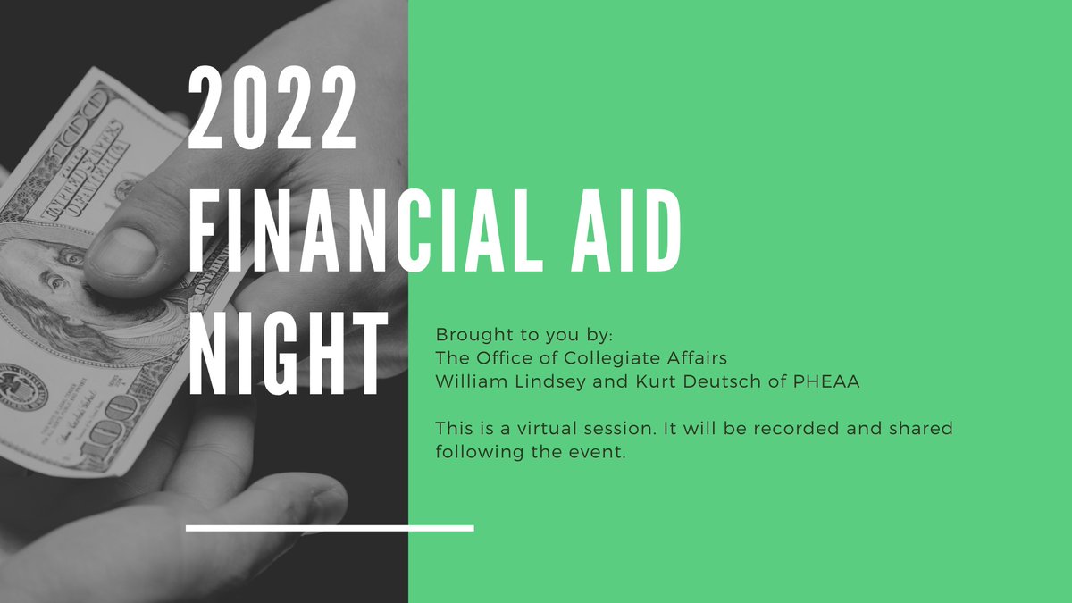 Join us Monday, September 26 at 6:30 PM for a virtual session on Financial Aid.  Zoom link is on the high school web page. Everyone is welcome!