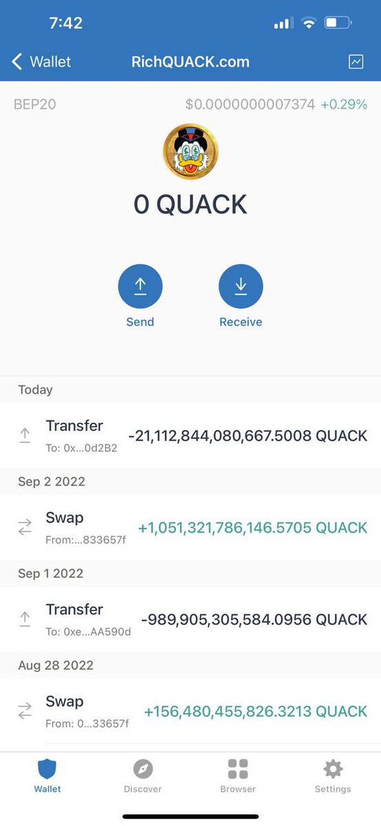Someone just got hacked and lost 21 Trillion $QUACK / 70+ #BNB because the guy clicked on a link from twitter. Please be careful when connecting your wallet to any Dapp. Always check the url and disconnect after you are done.

#Crypto #CryptoNews #cryptocurrency #RichQUACK