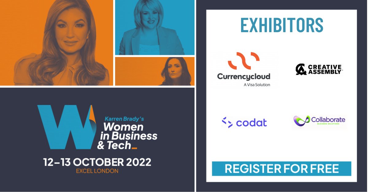 wibexpouk's tweet photo. We are pleased to announce @Currencycloud, @CAGames, @CodatData, Collaborate Business Solutions as exhibitors for Karren Brady's Women in Business &amp; Tech Expo 2022!

Register for free now: https://t.co/OqAmtMBBwW

#wibexpo2022 #currencycloud
#creativeassembly #codat #collaborate https://t.co/RmwrOmaSVQ