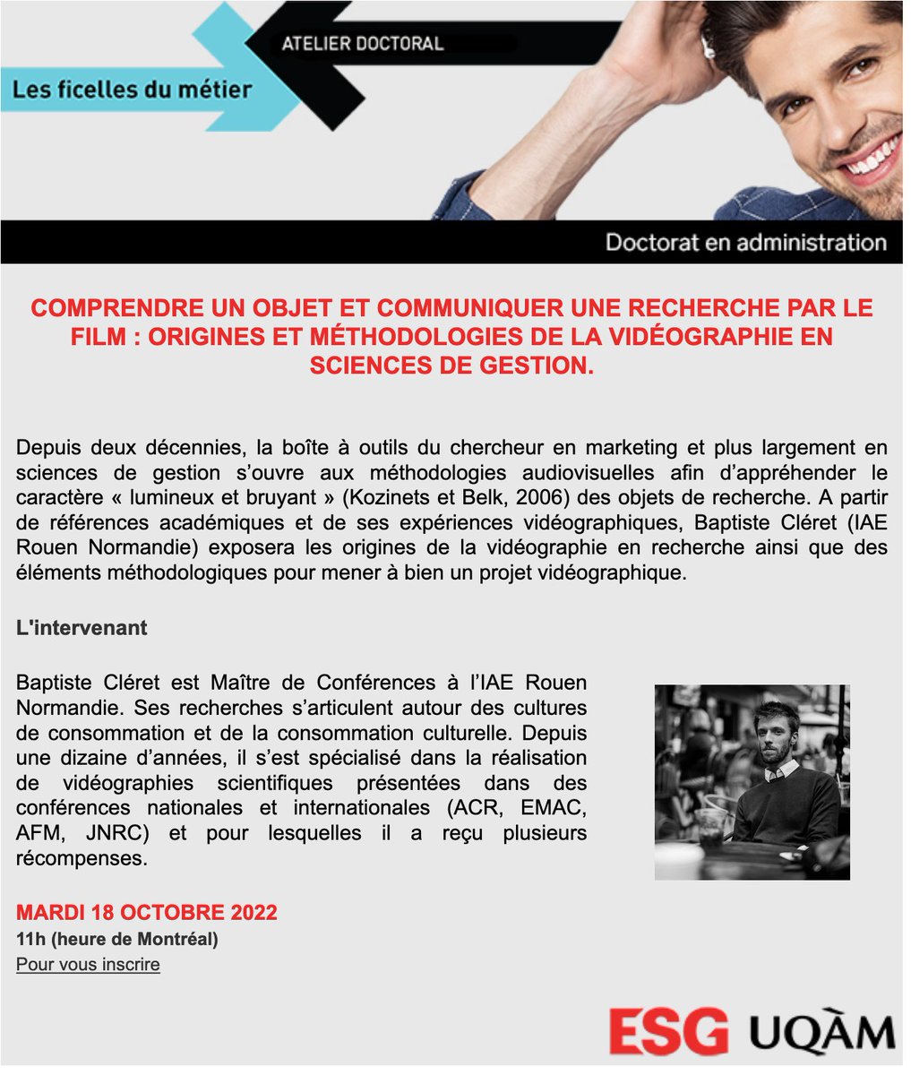 Germainoli's tweet image. COMPRENDRE UN OBJET ET COMMUNIQUER UNE RECHERCHE PAR LE FILM : ORIGINES ET MÉTHODOLOGIES DE LA VIDÉOGRAPHIE EN SCIENCES DE GESTION.

Une conférence en ligne 'Ficelles du métier' (PhD en Administration @esg_uqam) de @bcleret le 18 octobre.

Vous inscrire

esg-infolettre.uqam.ca/T/OFSYS/SM3/10…