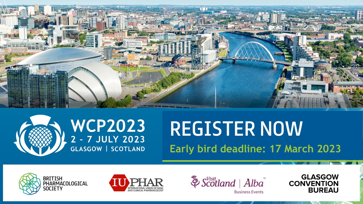 🎟️ REGISTER NOW 🎟️
wcp2023.org/register

Don't miss the 19th World Congress of Basic and Clinical Pharmacology (#WCP2023). Join us in Glasgow, Scotland on 2 - 7 Jul 2023 for an exciting 6-day programme of cutting-edge #science &amp; #pharmacology. Early bird rates end 17 Mar 2023.