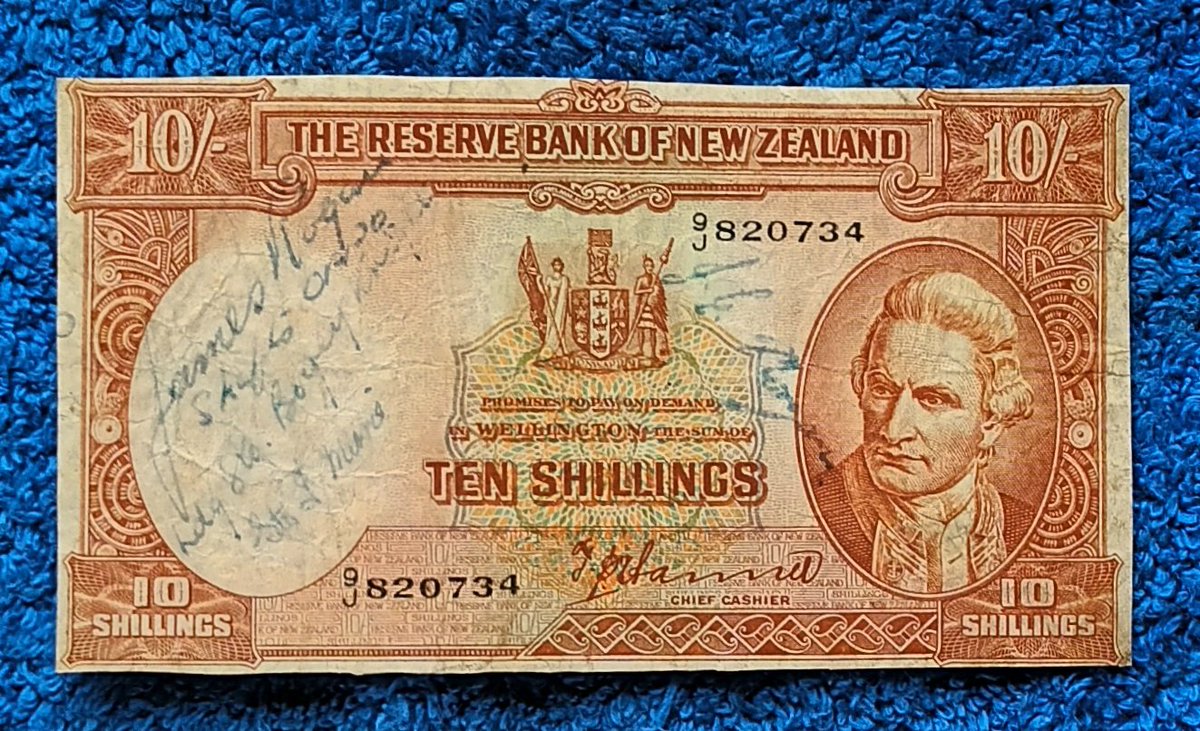 WWII Short Snorter.
Usually on U.S. currency, this is A New Zealand 10 Shillings with the autographs of shipmates, stokers on one of H.M.N.Z. ships.