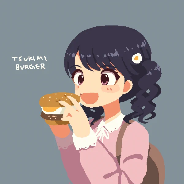 >でっかい月見バーガーを食べる小糸 