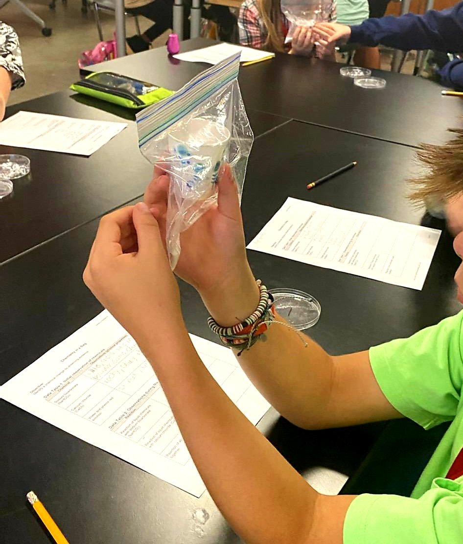 6th graders learning about evidence of a chemical change in Ms. Campbells science class! Mr. Peralas, our 6th grade AP, was pretty excited also! #wearesalyards