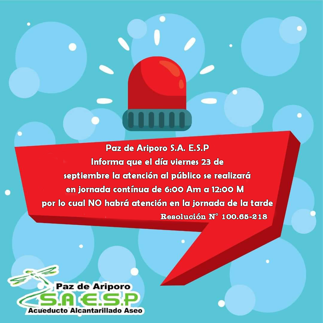 PZASAESP's tweet photo. #Resolución✍🏻📢Paz de Ariporo S.A. E.S.P. emitió La Resolución N° 100.65-218 del 19 de septiembre de 2022, Por medio de la cual se modifica temporalmente la jornada laboral y el horario de atención al público en la Empresa Paz de Ariporo S.A. E.S.P. https://t.co/KcJH663aPd