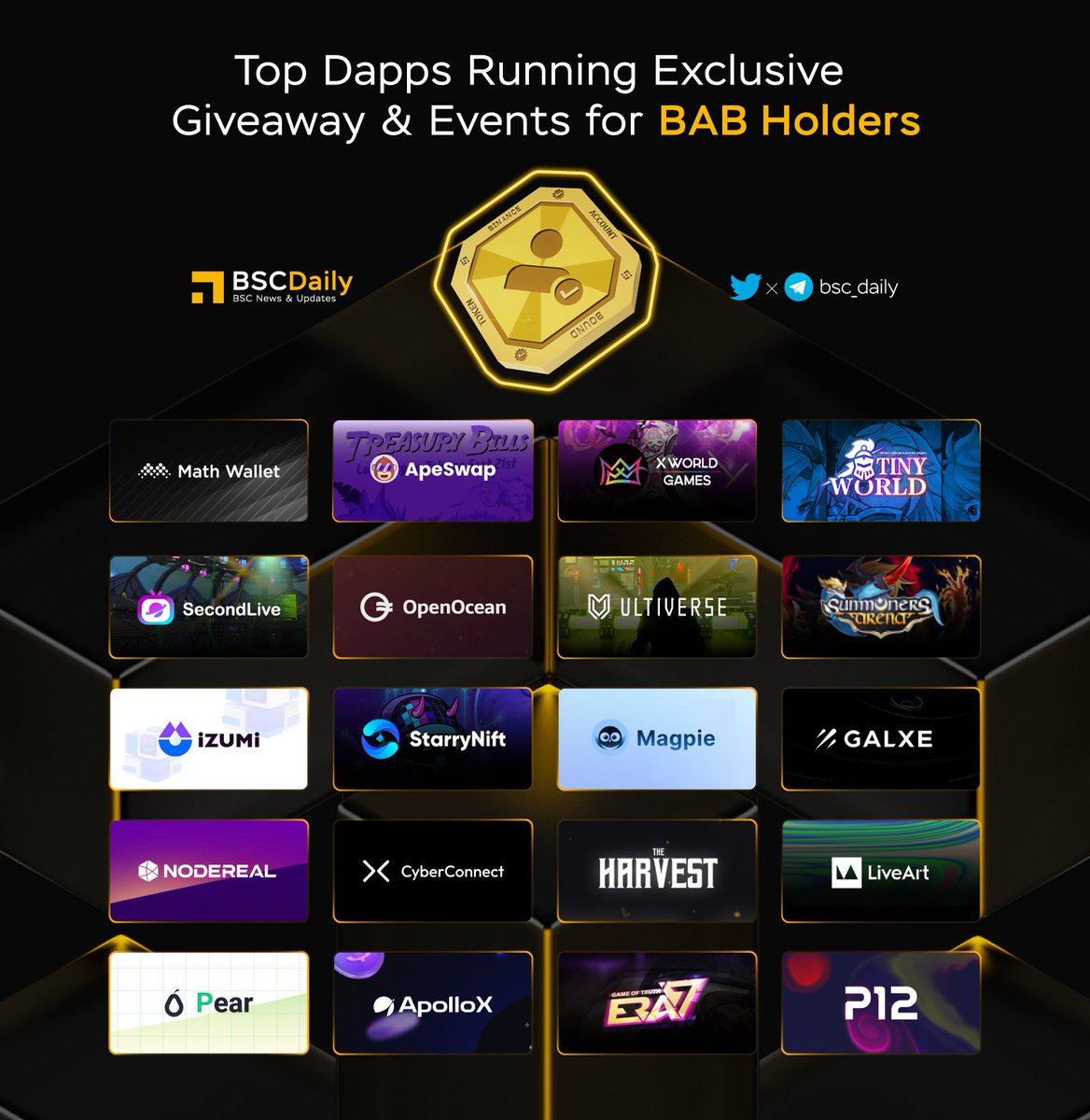 bsc_daily's tweet photo. 🎉TOP DAPPS RUNNING EXCLUSIVE GIVEAWAY &amp; EVENTS FOR #BAB HOLDERS🚀

The #BAB tokens will serve as identity credentials, and allow users to participate in initiatives from multiple projects where they’ll be able to earn rewards🔥

Check out all Events below👇

#BNB #BSC #WEB3 https://t.co/ub4IlSCelM