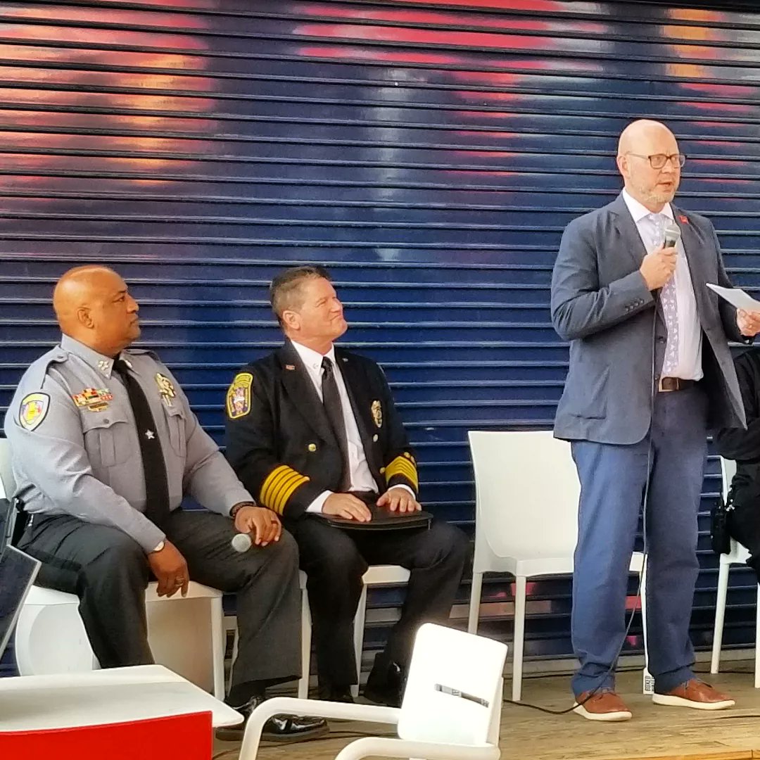 DurhamSheriff's tweet photo. Sheriff @cf_birkhead Director Groves Chief Zoldos &amp; Chief Andrews are participating in this morning's @durhamchamber #CSuiteConversation at #BoxyardRTP. The Chamber has been recognizing first responders throughout September including today's discussion #HonorDutyService https://t.co/peZxvReRMB