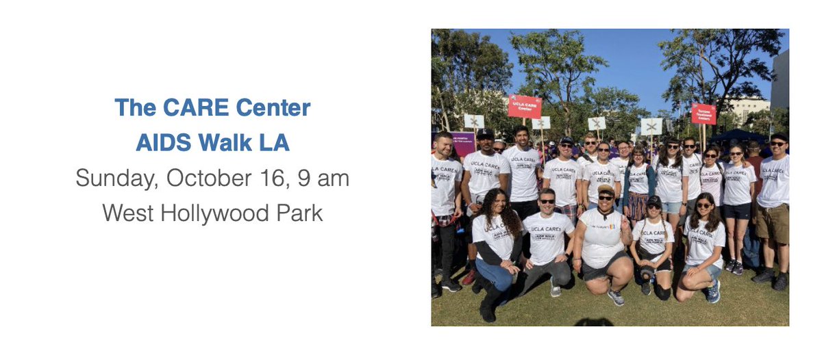 Join the UCLA CARE Center at AIDS Walk LA & raise support for its mission to provide exceptional state-of-the-art care & conduct clinical trials for people living with HIV & AIDS. All funds raised will benefit the CARE Center. To register or donate, visit aplahealth.akaraisin.com/ui/awla22/t/21…