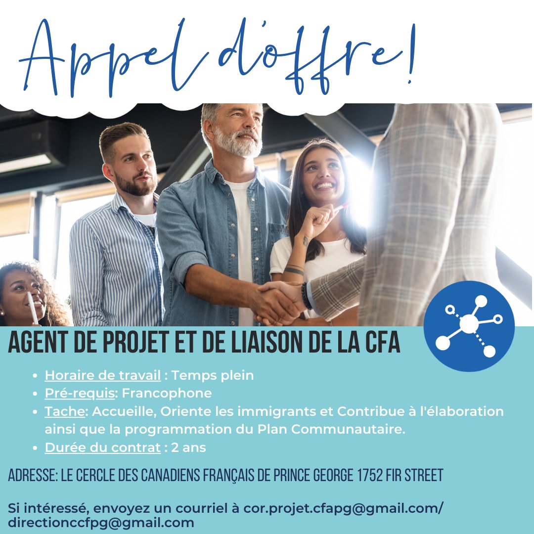 🚨OFFRE D’EMPLOI OUVERTE🚨

La Communauté Francophone Accueillante de Prince George est à la recherche d’un Agent de Projet et de Liaison pour le projet de la CFA. 

Pour plus d’informations et de détails concernant le poste:
📞 250-561-2565
📩cfa.ccfpg@gmail.com