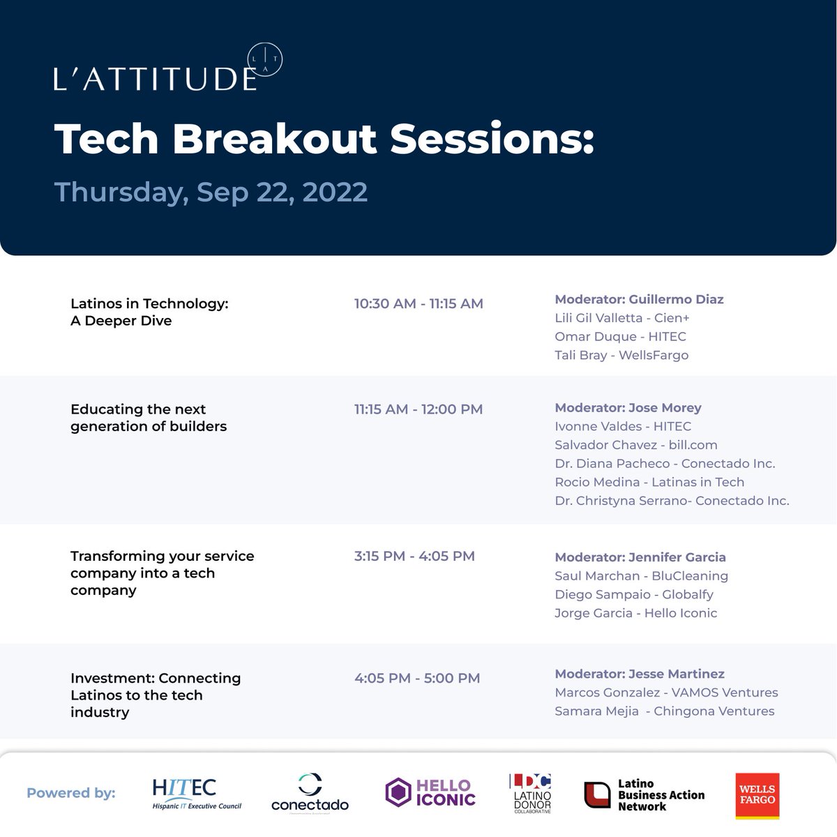 Join us at <a href="/LATTITUDEevent/">L'ATTITUDE</a> for the Tech Breakout Sessions! Listen about major trends, pathways, and success stories from Latino entrepreneurs and leaders who are paving the way in Web3, Data, Fintech, Tech, Investment, and Education.

#helloiconic #LATTITUDE2022 #TheNewMainstream