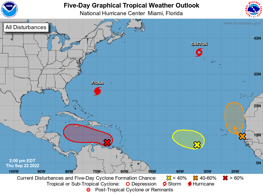 NHC_Atlantic's tweet photo. 2PM EDT Thurs Tropical Outlook: We are monitoring 3 systems in the Atlantic for development in 5 days
1. SE Caribbean with high chances (🔴 90%) 
2. S central Atl with low chances (🟡30%)
3. Off the coast of Africa with medium chances (🟠 60%)
For more see https://t.co/tW4KeGe9uJ https://t.co/vpDQTySnOB